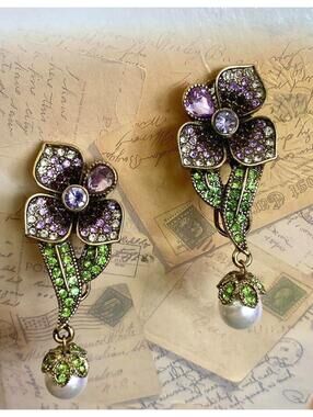 Multicolor Rhinestone Botanical Flower Pearl Drop Clip Earrings